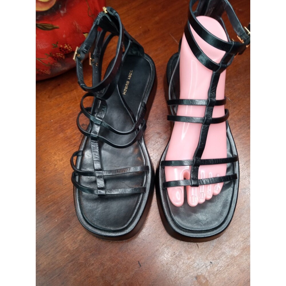 Tory Burch Sandals Women's Black 7.5M Leather Gladiator Ankle Strap Party Shoes